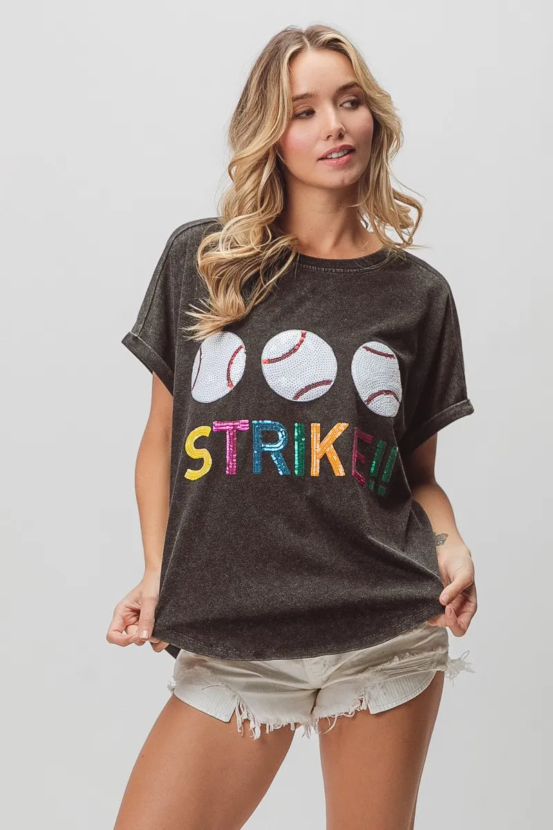 BiBi Sequin Baseballs Strike Washed Short Sleeve Top