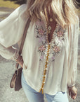 Floral Embroidered Textured Puff Sleeve Shirt