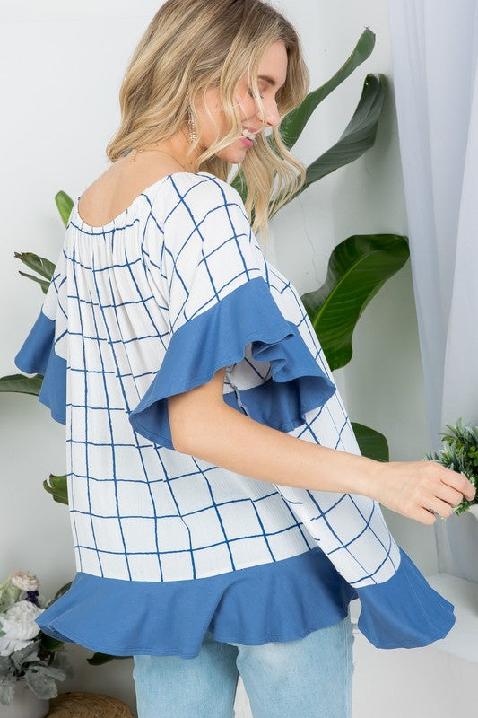 e Luna PLUS Plaid Mix Ruffle Peasant Top