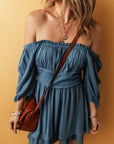 Solid Ruched Frilled Neck 3/4 Sleeve Dress