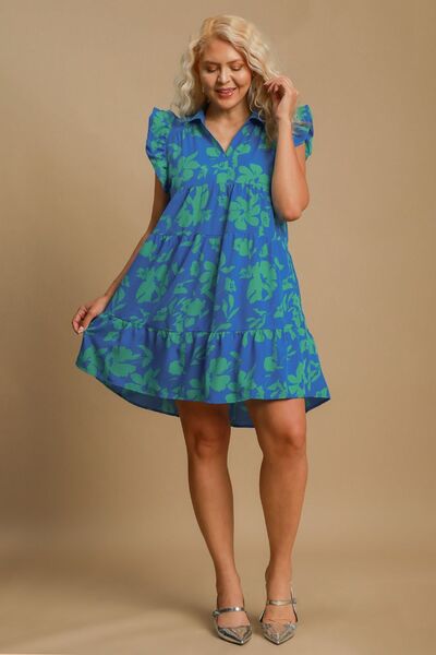 Umgee Full Size Floral Print Ruffle Cap Sleeve Tiered Dress Plus Size