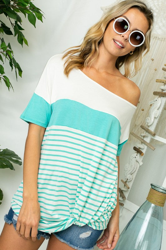 e Luna Solid Stripe Mix One Shoulder Top