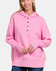 Zenana Half Snap Long Sleeve Hoodie with Kangaroo Pocket