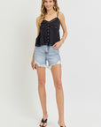 RISEN High Rise Side Step Hem Denim Shorts