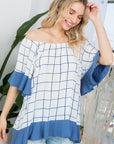 e Luna PLUS Plaid Mix Ruffle Peasant Top