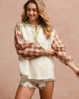 BiBi Floral Notched Plaid Balloon Sleeve Top