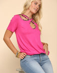 Celeste Full Size Crisscross Cutout Leopard Contrast Trim T-Shirt