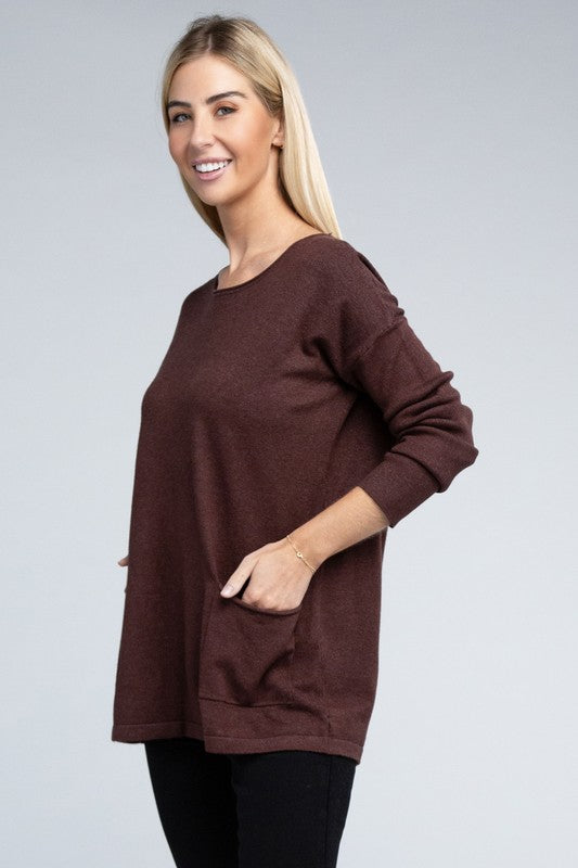 Zenana Viscose Front Pockets Sweater