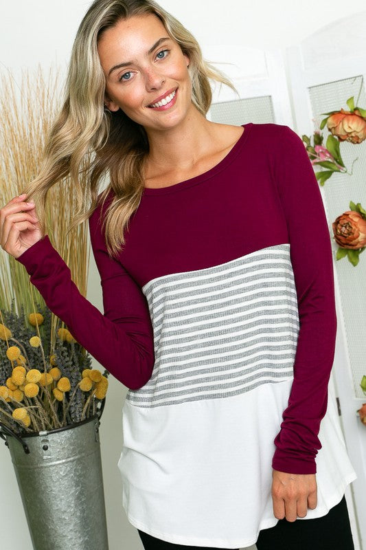 e Luna Solid Striped Colorblock Casual Top