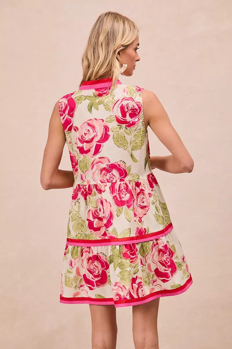 BiBi Floral Woven Contrast Edge Tiered Ruffle Mini Dress