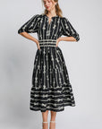 Umgee Bow Tie Print Notched Contrast Velvet Trim Midi Dress