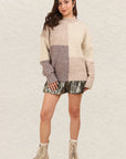 VERY J Color Block Mock Neck Drop Shoulder Sweater