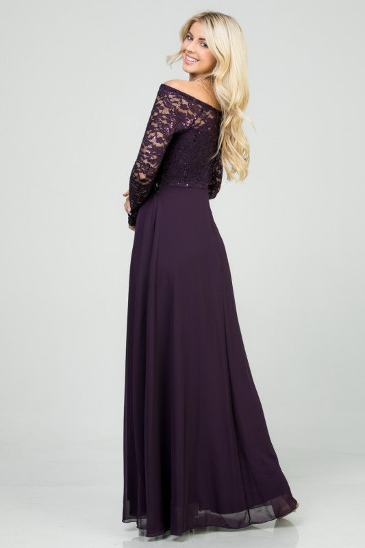 La Scala Plus Size Long Sleeve Lace and Chiffon Gown