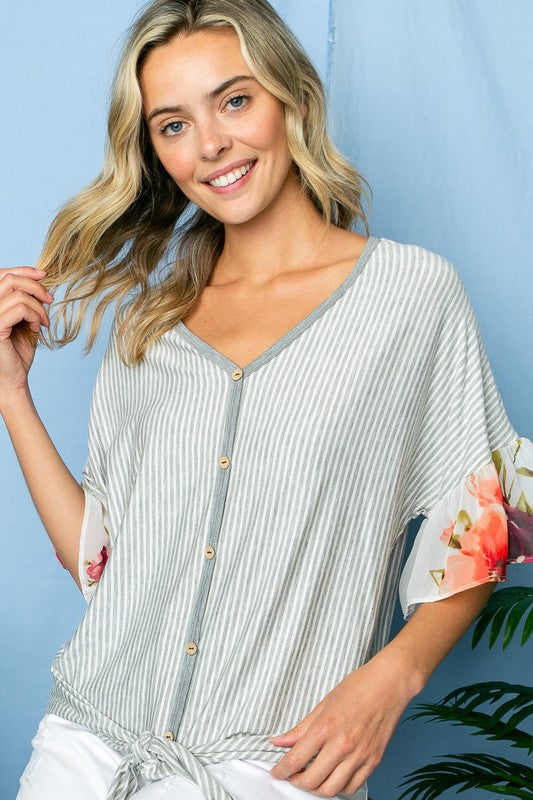 e Luna Striped Floral Mixed Ruffle Top