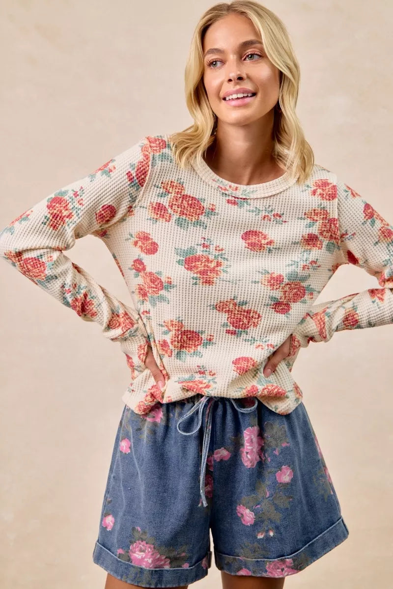 BiBi Floral Print Washed Waffle Thermal Top With Thumb