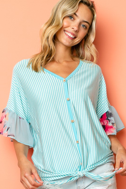 e Luna PLUS Striped Floral Mixed Ruffle Top