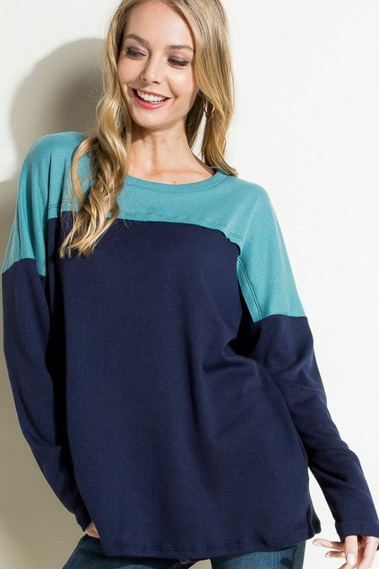 e Luna Solid Waffle Colorblock Casual Top