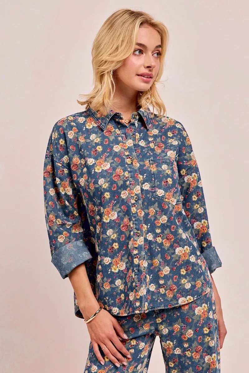 BiBi Washed Florla Print Denim Jacket