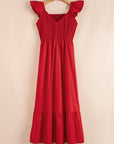 Solid V-Neck Flutter Sleeve Ruffle Maxi Dress