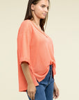 Zenana Brushed Waffle Exposed-Seam 3/4 Sleeve Top