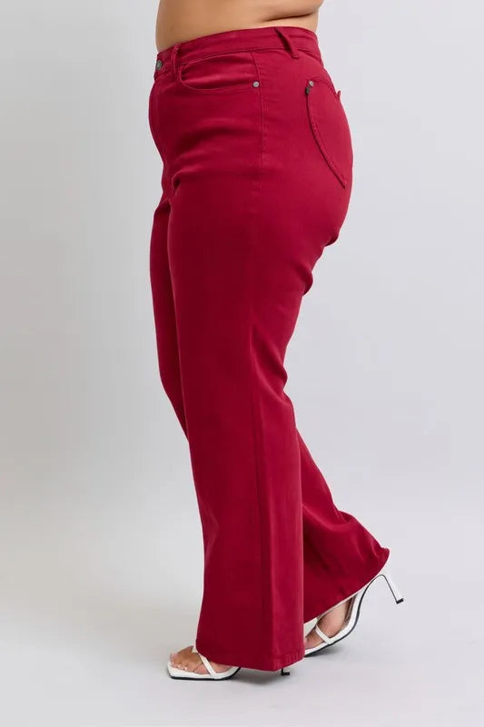Judy Blue Full Size High Waist Heart Shaped Back Pockets 90's Straight Jeans Plus Size in Scarlet