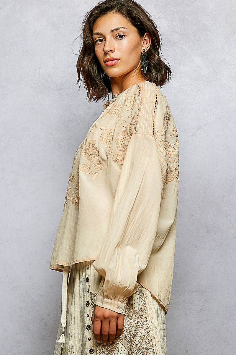 POL Embroidery Button Down Long Sleeve Washed Shirt