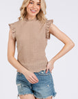 Ces Femme Texture Mock Neck Ruffle Cap Sleeve Blouse