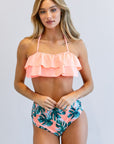 Davi & Dani Solid Ruffle Top And Printed Bottom Swimsuit