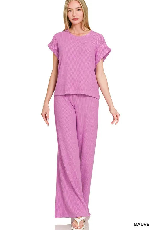 Zenana Rolled Sleeve Top and Pants Sweater Set in Mauve