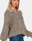 Zenana Washed Half Button Long Sleeve Sweater