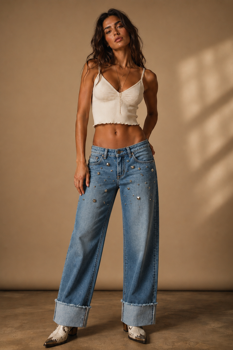 GJG Denim Silver Static Studded Wide-Leg Jeans — Medium Wash