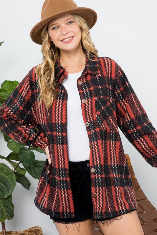 e Luna PLUS Fuzzy Plaid Button Down Shacket