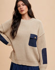 Annie Wear Contrast Round Neck Drop Shoulder Sweater with Patch Pocket