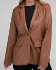 Sleek Pu Leather Blazer with Front Closure