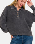 Zenana Washed Half Button Long Sleeve Sweater