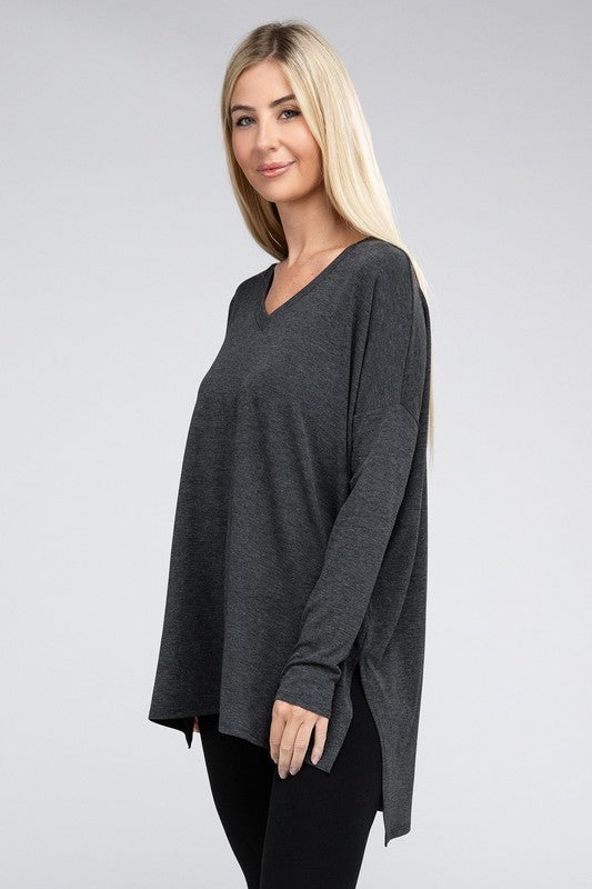 Zenana Dolman Long Sleeve V-Neck Side Slit Hi-Low Hem Top