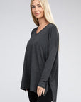 Zenana Dolman Long Sleeve V-Neck Side Slit Hi-Low Hem Top