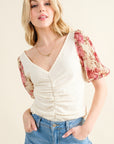 And The Why Full Size Floral Print Textured Sleeve Knit Top