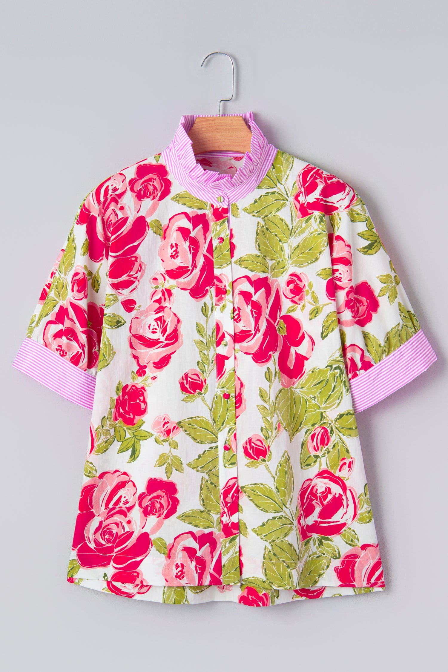 Floral Stripe Trim Frilled Collar Short Sleeve Shirt