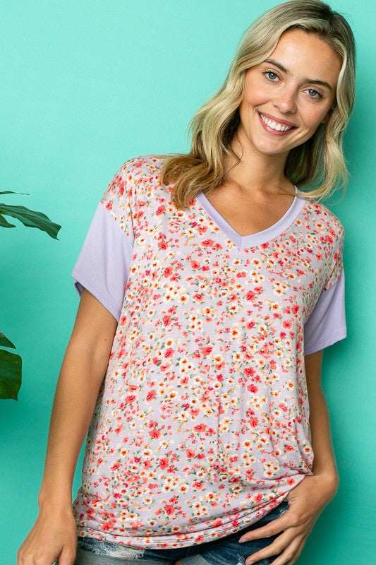 e Luna Dizzy Floral Solid Mix Boxy Top