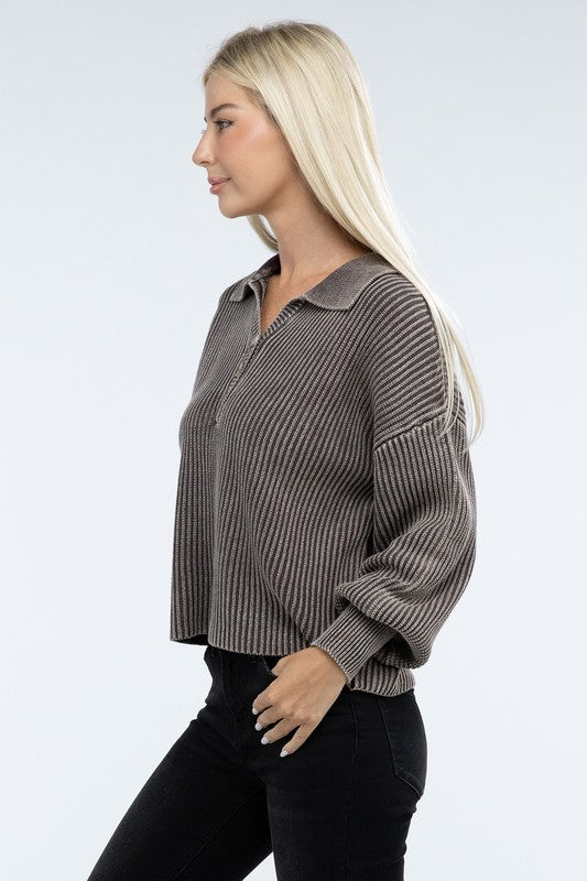 ZENANA Washed Collared Henley Sweater