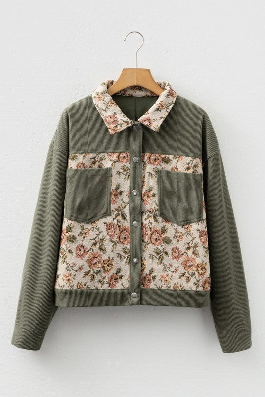 Floral Patchwork Ribbed Corduroy Shirt Jacket
