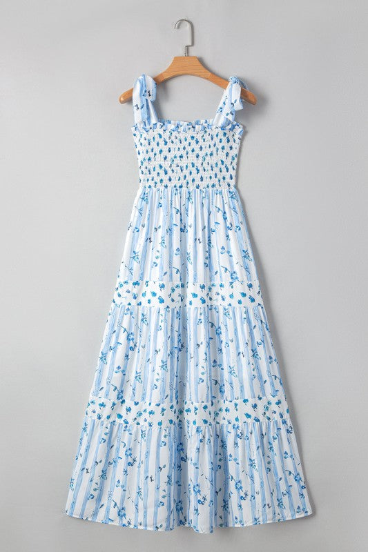 Floral Smocked Tied Strap Tiered Maxi Dress