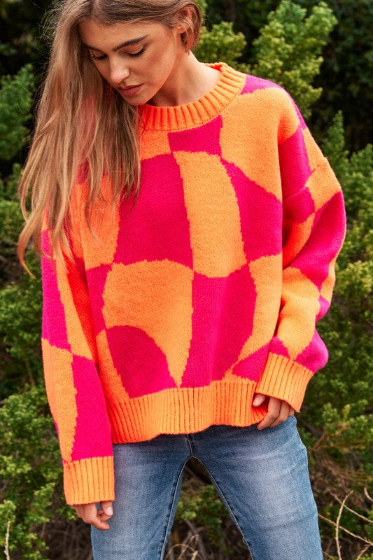 Davi &amp; Dani Multi Geo Checker Pullover Knit Sweater Top