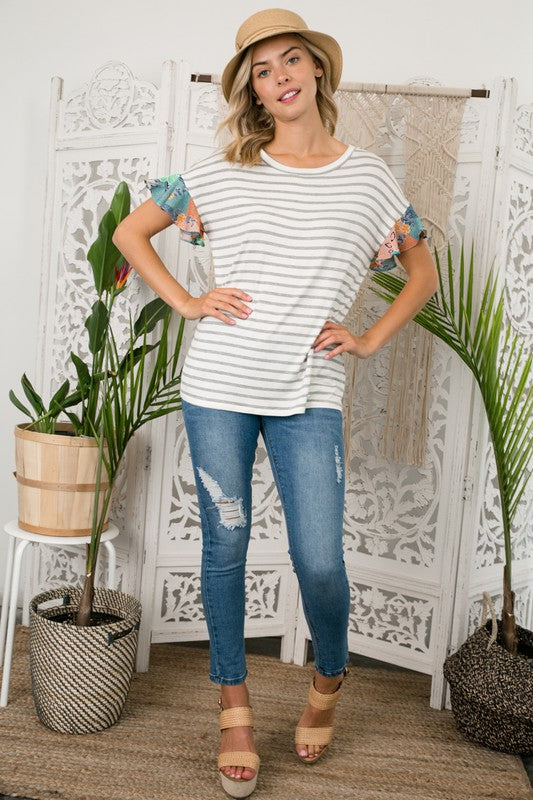 e Luna PLUS Striped Jersey Floral Mixed Top