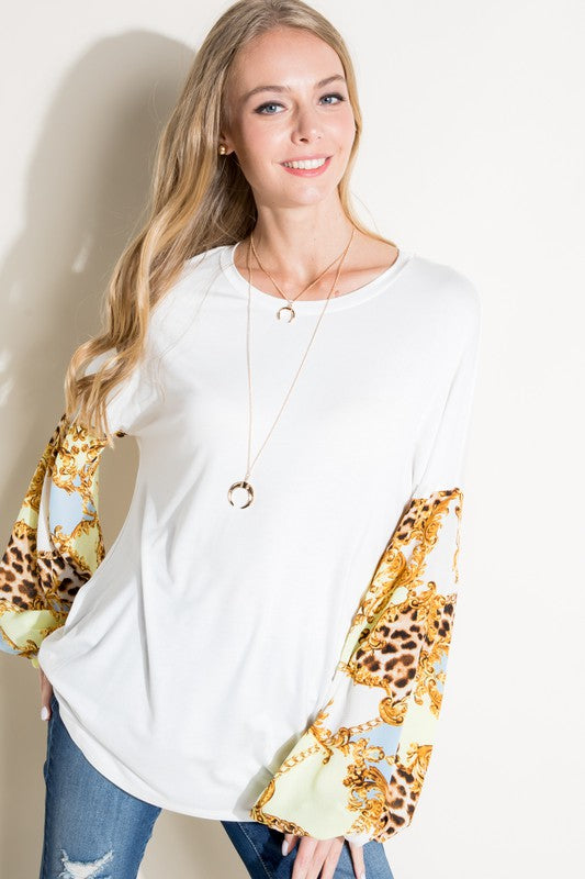 e Luna Print Solid Mix Volume Sleeve Top