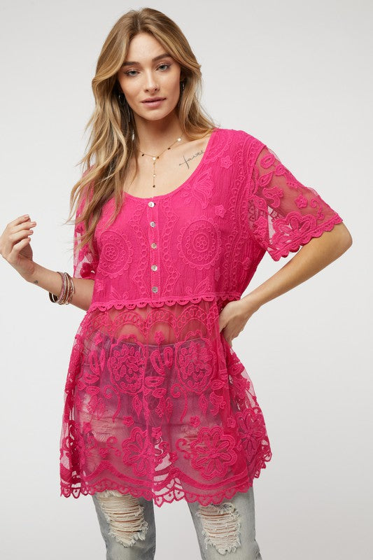 Davi &amp; Dani Crochet Round Neck Button Down Top