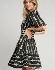 Umgee Ribbon Print Frill Contrast Velvet Trim Half Sleeve Dress