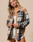 BiBi Curved Hem Sequin Plaid Button Up Shacket