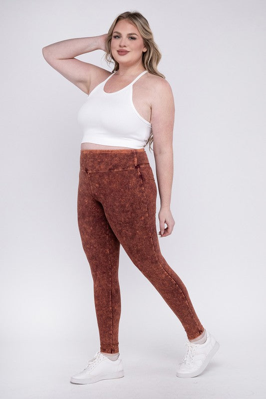 ZENANA Plus Mineral Washed Wide Waistband Yoga Leggings